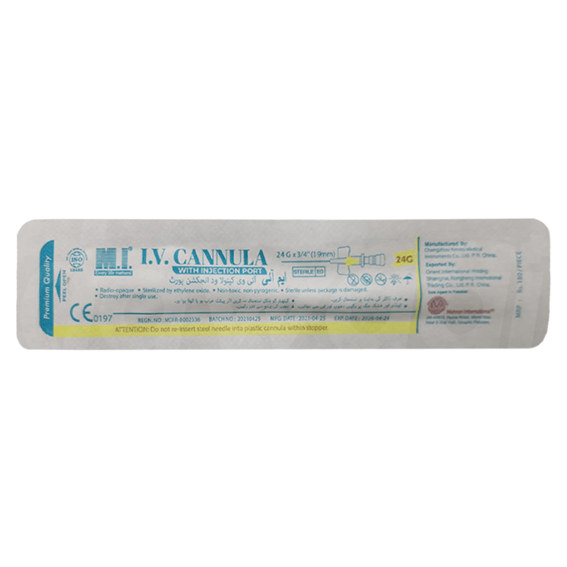 M.I 24 gm x 3 / 4'' Sterile I.V Cannula With Injection Port 1 Pcs. Pack
